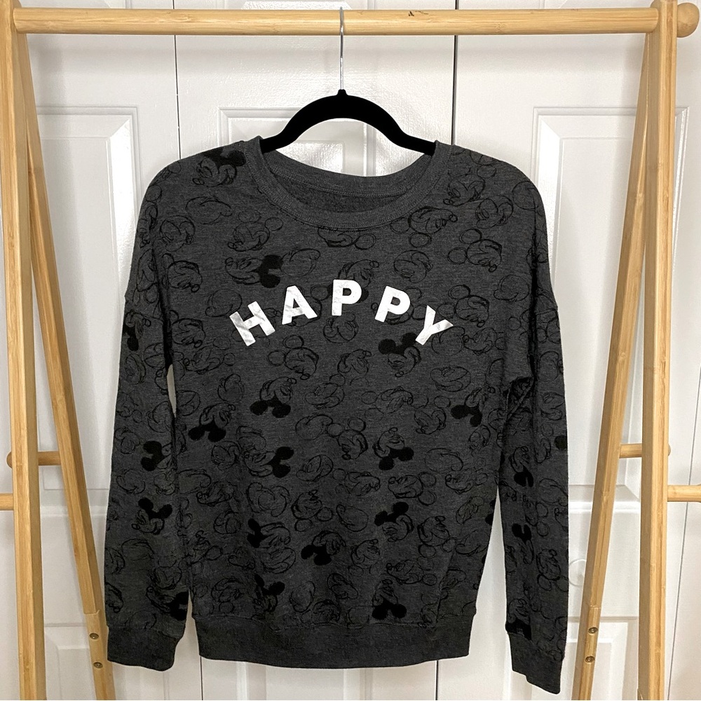 HAPPY Mickey Mouse Sketch Print on Dark Gray Sweatshirt, Lightweight, XS